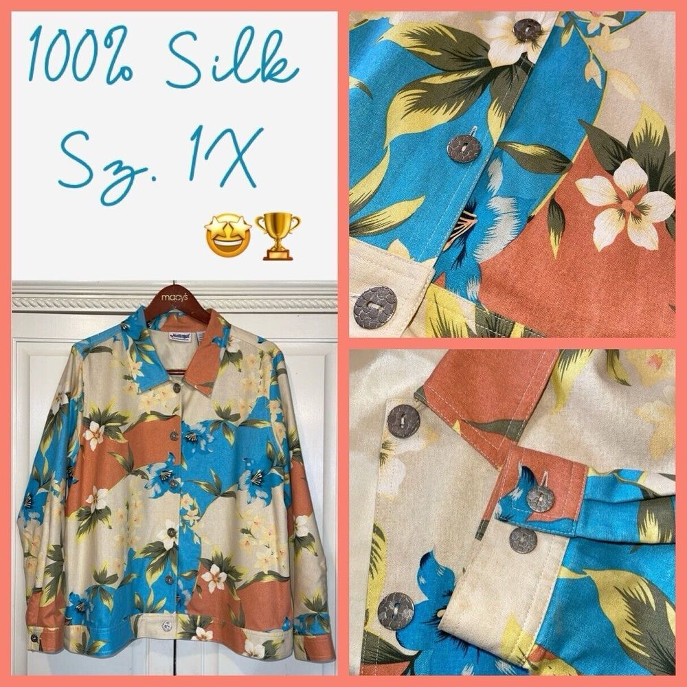 National Jacket Women 1X Hawaiian‎ Floral Tropical 100% Silk Lightweight Lined